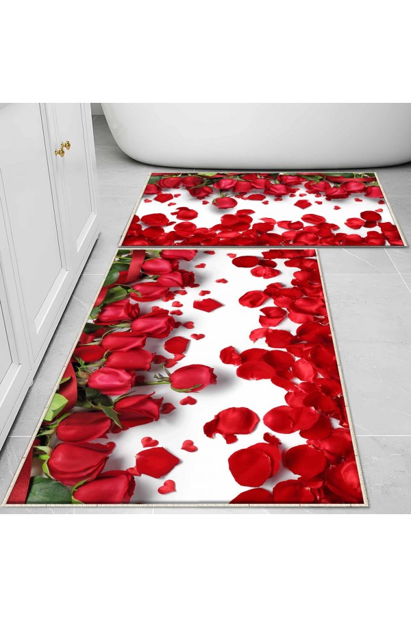 Kırmızı Güller Desenli 2 li Klozet Takımı Banyo Paspas Halısı Kaymaz Yıkanabilir Kırmızı Güller Desenli 2 li Klozet Takımı Banyo Paspas Halısı Kaymaz Yıkanabilir