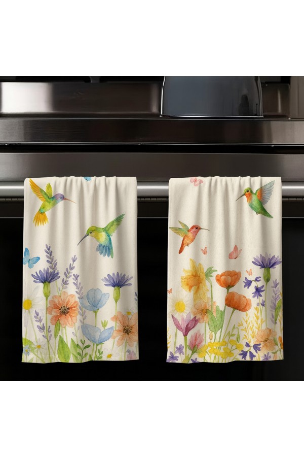 Çiçekler Kuşlar Desenli 2 li Set Dekoratif Yıkanabilir Pamuklu Mutfak Fırın El Havlusu 35x50 cm