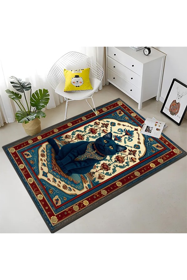 Gotik Kedi Desenli Dokuma Şönil Kilim Halı Yıkanabilir Salon Oturma Odası Mutfak Halısı