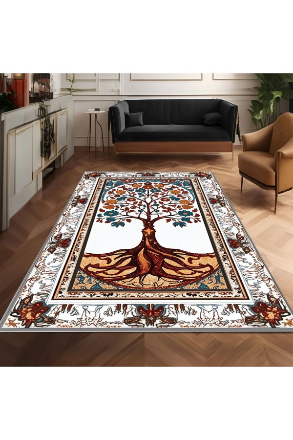 Retro Yaşam Ağacı Desenli Dokuma Şönil Kilim Halı Yıkanabilir Salon Oturma Odası Mutfak Halısı