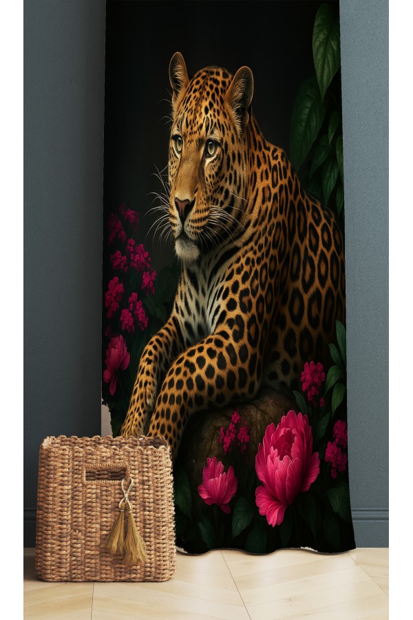 Leopar Gül Desenli Dijital Baskı Fon Perde 140x260cm