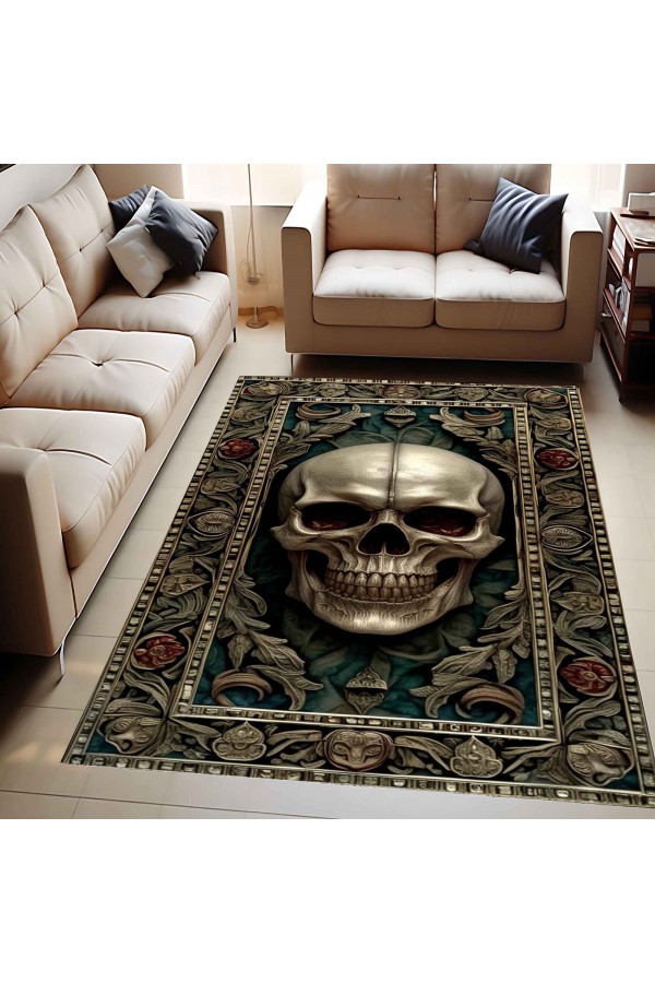 Gotik Kuru Kafa Desenli Dokuma Şönil Kilim Halı Yıkanabilir Salon Oturma Odası Mutfak Halısı