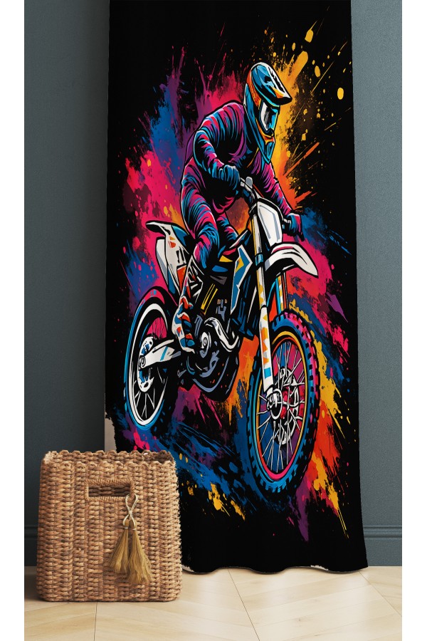 Renkli Motorcu Desenli Dijital Baskı Fon Perde 140x260cm