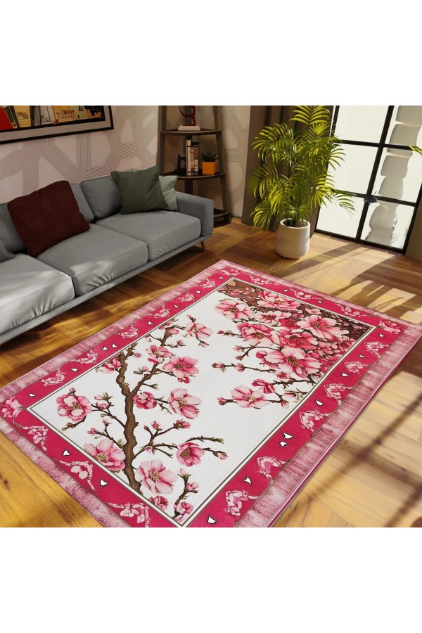 Pembe Sakura Ağaç Çiçek Desenli Dokuma Şönil Kilim Halı Yıkanabilir Salon Oturma Odası Mutfak Halısı