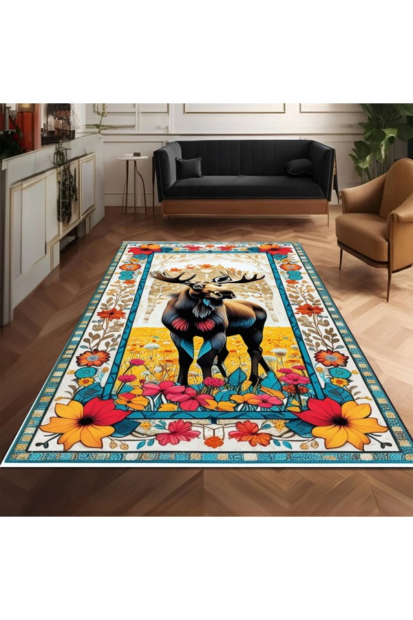 Retro Geyik Desenli Dokuma Şönil Kilim Halı Yıkanabilir Salon Oturma Odası Mutfak Halısı