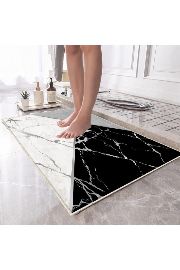 Gri Siyah Karolar Desenli Tekli Banyo Paspas Halısı Kaymaz Yıkanabilir