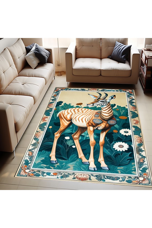 Antilop Desenli Dokuma Şönil Kilim Halı Yıkanabilir Salon Oturma Odası Mutfak Halısı