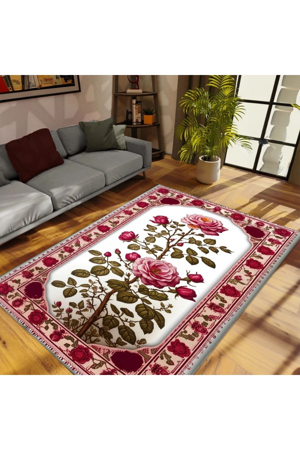 Pembe Gül Çiçek Desenli Dokuma Şönil Kilim Halı Yıkanabilir Salon Oturma Odası Mutfak Halısı