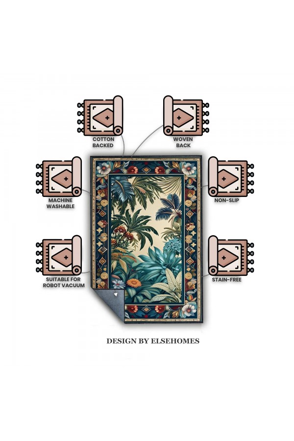 Tropik Orman Desenli Dokuma Şönil Kilim Halı Yıkanabilir Salon Oturma Odası Mutfak Halısı