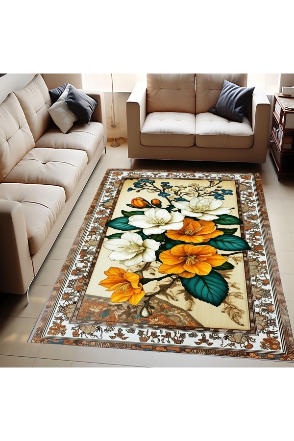 Sarı Beyaz Çiçek Desenli Dokuma Şönil Kilim Halı Yıkanabilir Salon Oturma Odası Mutfak Halısı