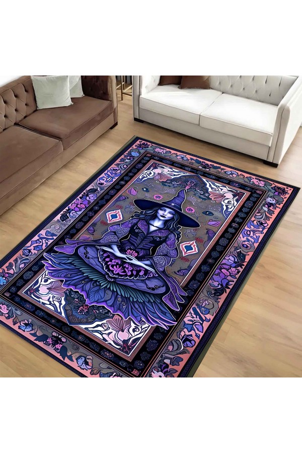 Gotik Mor Cadı Desenli Dokuma Şönil Kilim Halı Yıkanabilir Salon Oturma Odası Mutfak Halısı