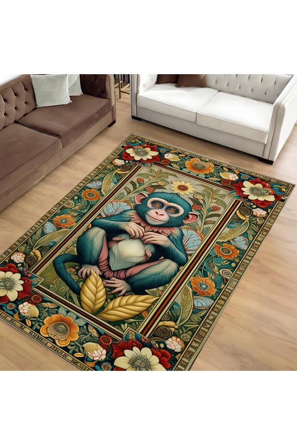 Sevimli Maymun Desenli Dokuma Şönil Kilim Halı Yıkanabilir Salon Oturma Odası Mutfak Halısı