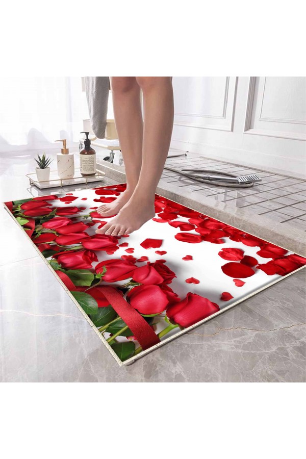 Kırmızı Güller Desenli Tekli Banyo Paspas Halısı Kaymaz Yıkanabilir