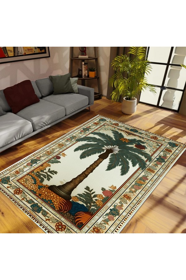 Palmiye Ağaç Desenli Dokuma Şönil Kilim Halı Yıkanabilir Salon Oturma Odası Mutfak Halısı