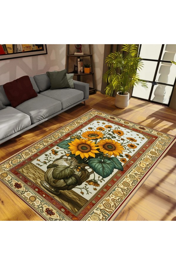 Ay Çiçeği Vazo Desenli Dokuma Şönil Kilim Halı Yıkanabilir Salon Oturma Odası Mutfak Halısı