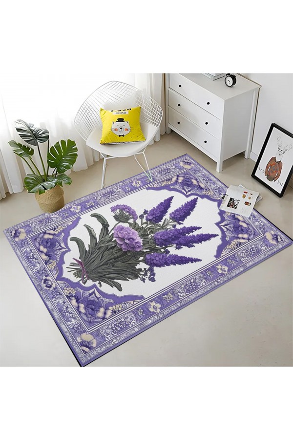 Mor Lavanta Desenli Dokuma Şönil Kilim Halı Yıkanabilir Salon Oturma Odası Mutfak Halısı