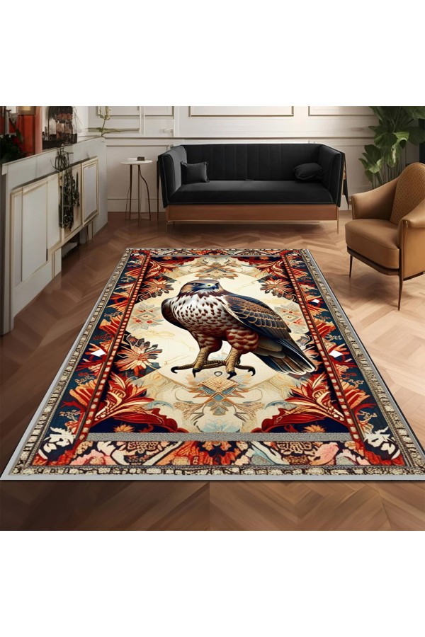 Retro Atmaca Desenli Dokuma Şönil Kilim Halı Yıkanabilir Salon Oturma Odası Mutfak Halısı