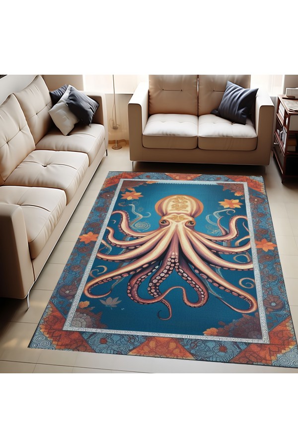 Ahtapot Marin Denizci Desenli Dokuma Şönil Kilim Halı Yıkanabilir Salon Oturma Odası Mutfak Halısı