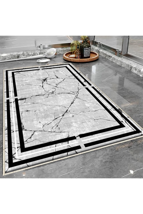 Siyah Beyaz Çizgi Desenli Tekli Banyo Paspas Halısı Kaymaz Yıkanabilir