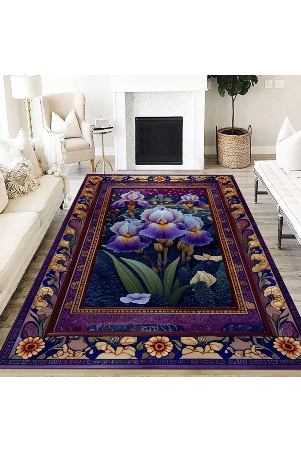 Mor Çiçek Desenli Dokuma Şönil Kilim Halı Yıkanabilir Salon Oturma Odası Mutfak Halısı