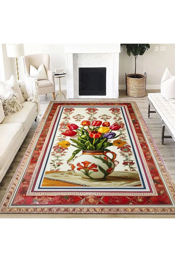 Renkli Laleler Desenli Dokuma Şönil Kilim Halı Yıkanabilir Salon Oturma Odası Mutfak Halısı