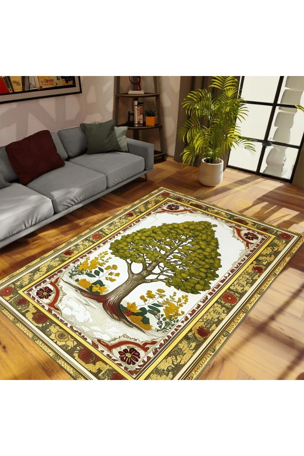 Ağaç Desenli Dokuma Şönil Kilim Halı Yıkanabilir Salon Oturma Odası Mutfak Halısı