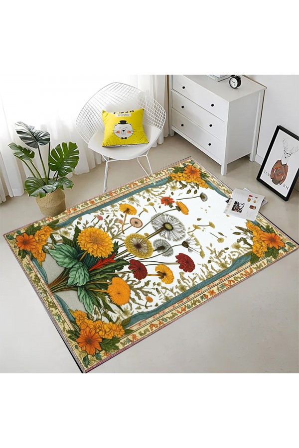 Karahindiba Çiçek Desenli Dokuma Şönil Kilim Halı Yıkanabilir Salon Oturma Odası Mutfak Halısı