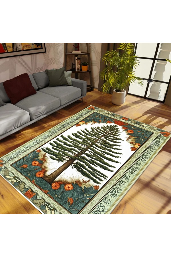 Ağaç Retro Desenli Dokuma Şönil Kilim Halı Yıkanabilir Salon Oturma Odası Mutfak Halısı