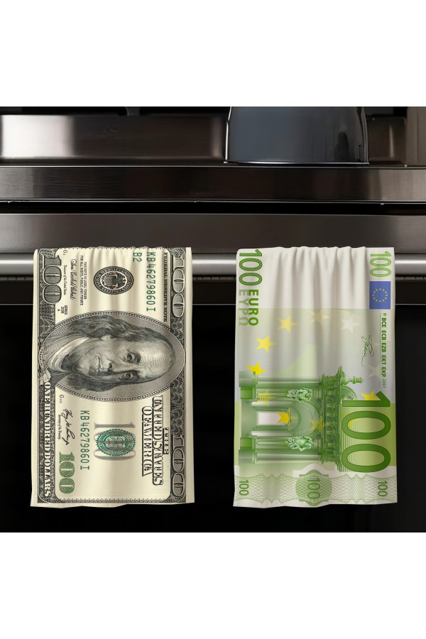 Dolar Euro Para Desenli 2 li Set Dekoratif Yıkanabilir Pamuklu Mutfak Fırın El Havlusu 35x50 cm