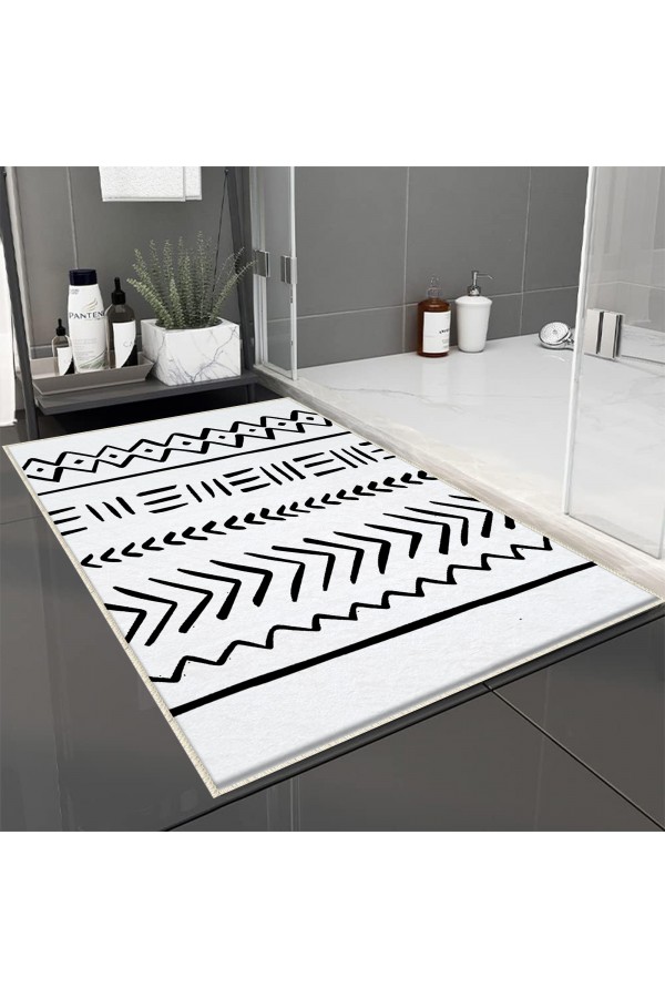 Siyah Beyaz İskandinav Desenli Tekli Banyo Paspas Halısı Kaymaz Yıkanabilir