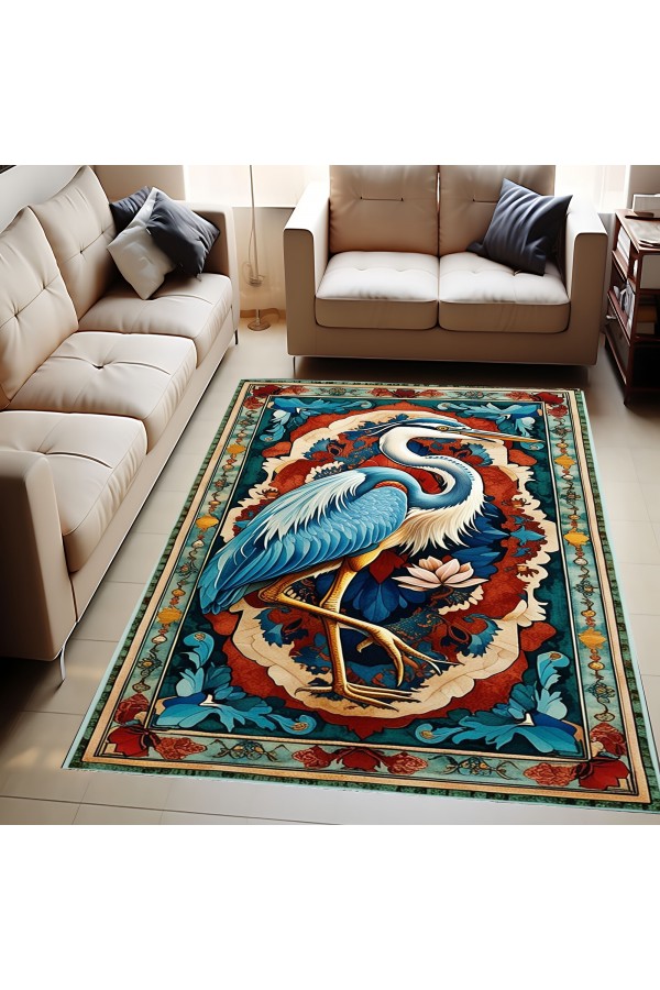 Mavi Leylek Desenli Dokuma Şönil Kilim Halı Yıkanabilir Salon Oturma Odası Mutfak Halısı