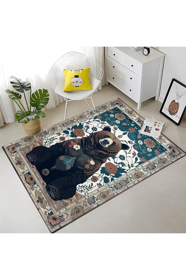 Ayı Avcı Temalı Desenli Dokuma Şönil Kilim Halı Yıkanabilir Salon Oturma Odası Mutfak Halısı