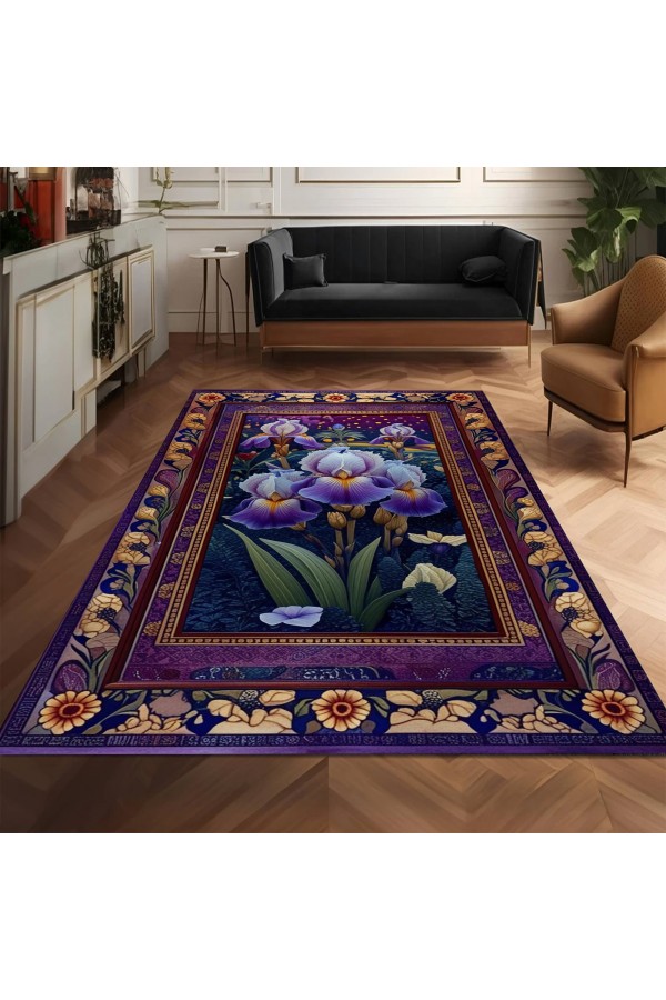 Mor Çiçek Desenli Dokuma Şönil Kilim Halı Yıkanabilir Salon Oturma Odası Mutfak Halısı