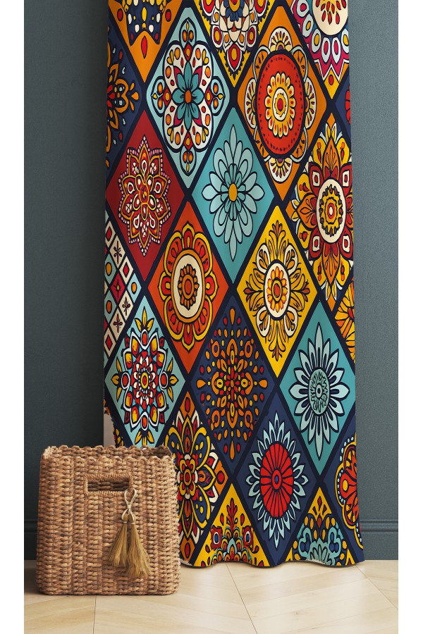 Renkli Karolar Etnik Desenli Dijital Baskı Fon Perde 140x260cm