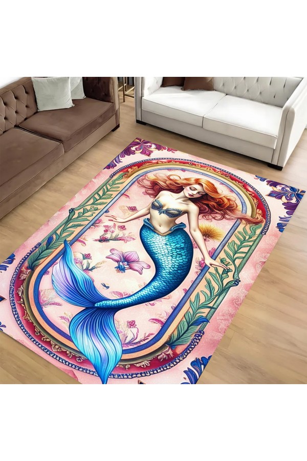 Deniz Kızı Desenli Dokuma Şönil Kilim Halı Yıkanabilir Salon Oturma Odası Çocuk Halısı