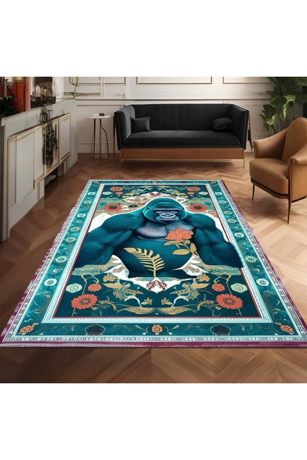 Goril Maymun Desenli Dokuma Şönil Kilim Halı Yıkanabilir Salon Oturma Odası Mutfak Halısı