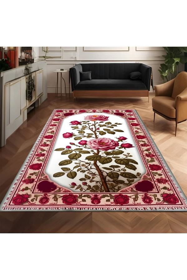 Pembe Gül Çiçek Desenli Dokuma Şönil Kilim Halı Yıkanabilir Salon Oturma Odası Mutfak Halısı