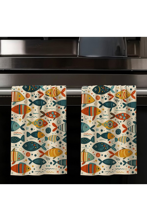 Renkli Balıklar Desenli 2 li Set Dekoratif Yıkanabilir Pamuklu Mutfak Fırın El Havlusu 35x50 cm