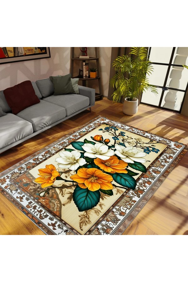 Sarı Beyaz Çiçek Desenli Dokuma Şönil Kilim Halı Yıkanabilir Salon Oturma Odası Mutfak Halısı