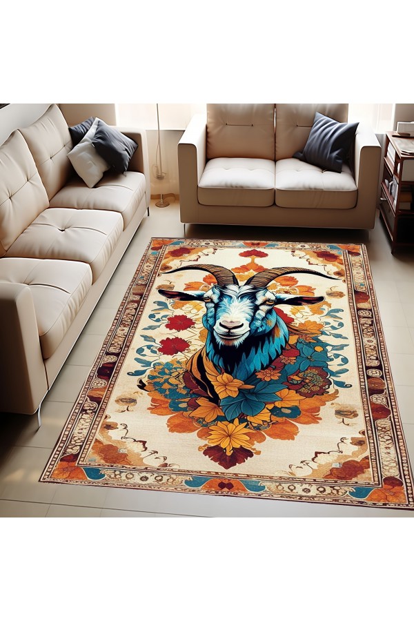 Keçi Desenli Dokuma Şönil Kilim Halı Yıkanabilir Salon Oturma Odası Mutfak Halısı
