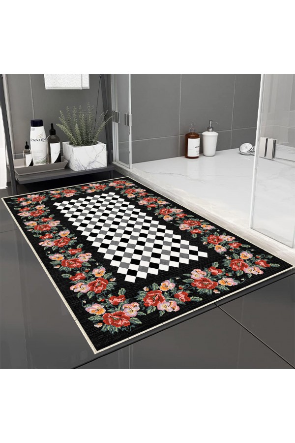 Retro Çiçekler Desenli Tekli Banyo Paspas Halısı Kaymaz Yıkanabilir