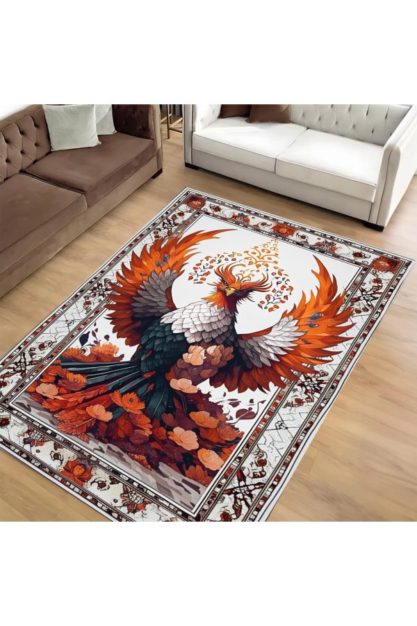 Turuncu Anka Kuşu Desenli Dokuma Şönil Kilim Halı Yıkanabilir Salon Oturma Odası Mutfak Halısı