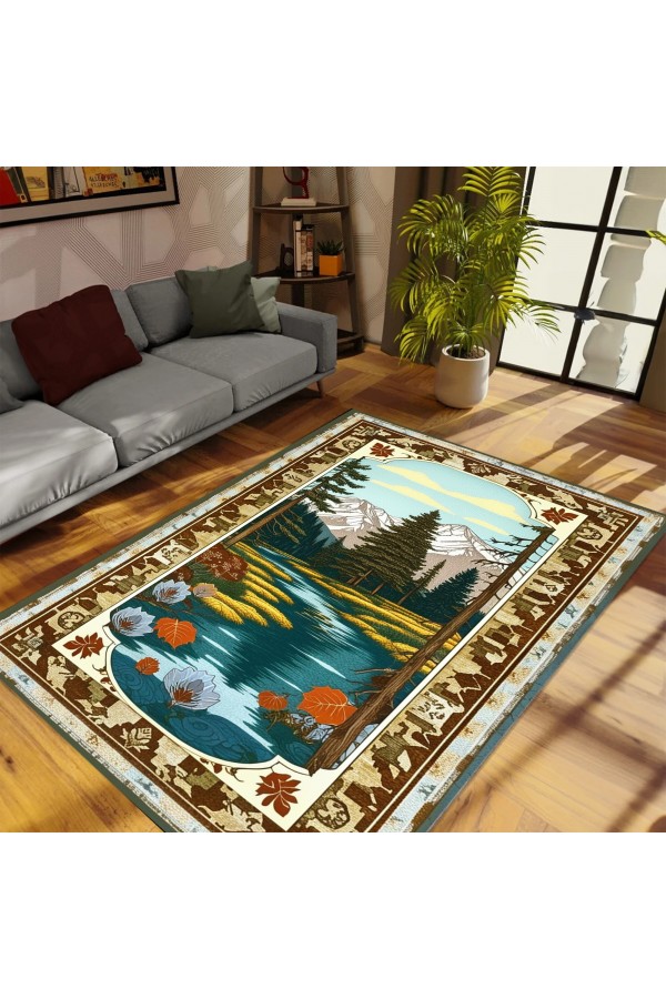 Manzara Ağaç Desenli Dokuma Şönil Kilim Halı Yıkanabilir Salon Oturma Odası Mutfak Halısı