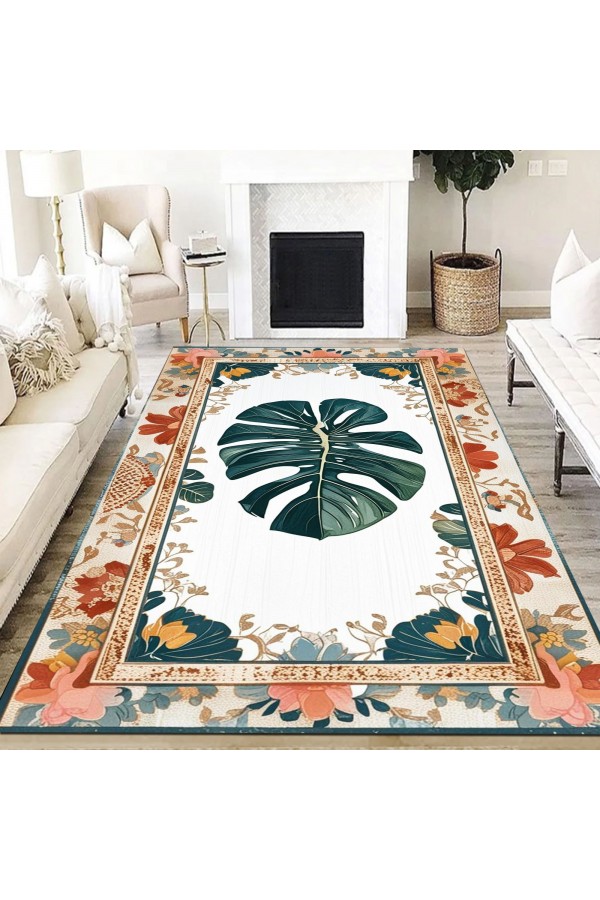 Deve Tabanı Yaprak Desenli Dokuma Şönil Kilim Halı Yıkanabilir Salon Oturma Odası Mutfak Halısı