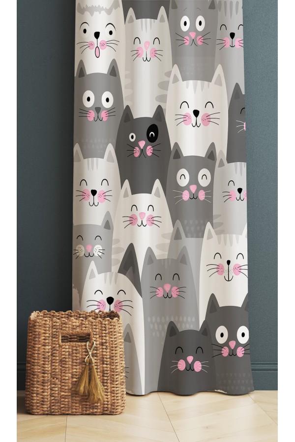 Gri Beyaz Kediler Desenli Dijital Baskı Fon Perde 140x260cm