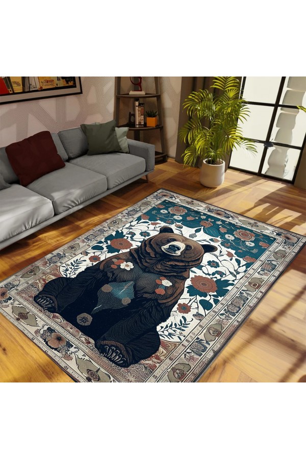 Ayı Avcı Temalı Desenli Dokuma Şönil Kilim Halı Yıkanabilir Salon Oturma Odası Mutfak Halısı