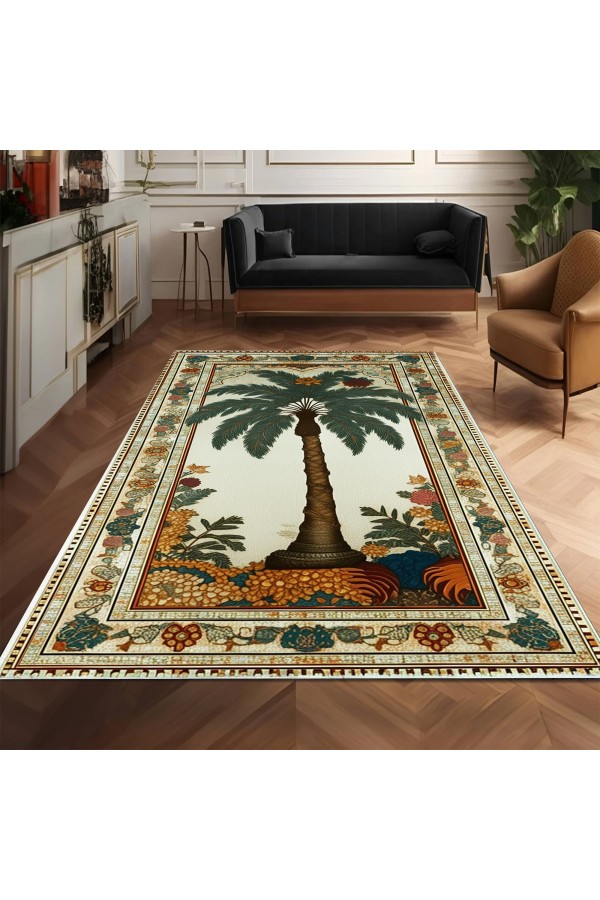 Palmiye Ağaç Desenli Dokuma Şönil Kilim Halı Yıkanabilir Salon Oturma Odası Mutfak Halısı