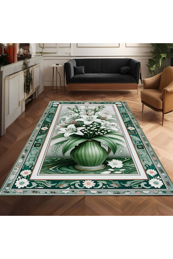 Yeşil Çiçek Desenli Dokuma Şönil Kilim Halı Yıkanabilir Salon Oturma Odası Mutfak Halısı