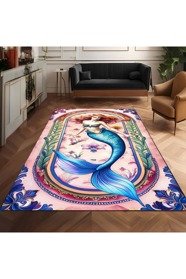 Deniz Kızı Desenli Dokuma Şönil Kilim Halı Yıkanabilir Salon Oturma Odası Çocuk Halısı