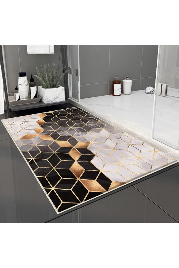 Gri Çizgi Mermer Desenli Tekli Banyo Paspas Halısı Kaymaz Yıkanabilir